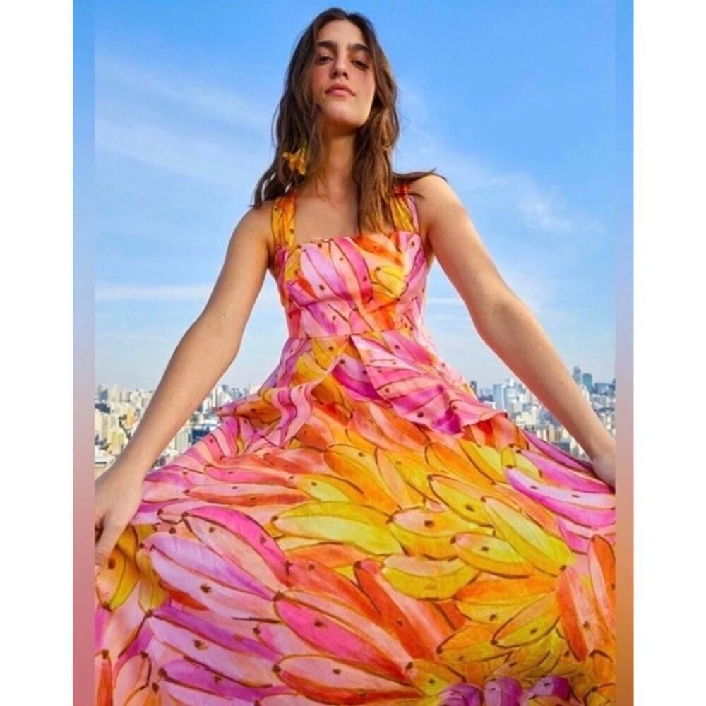 FARM Rio Ombre Bananas Cross‑Back Midi Dress Small Tropical Resort Pink Yellow